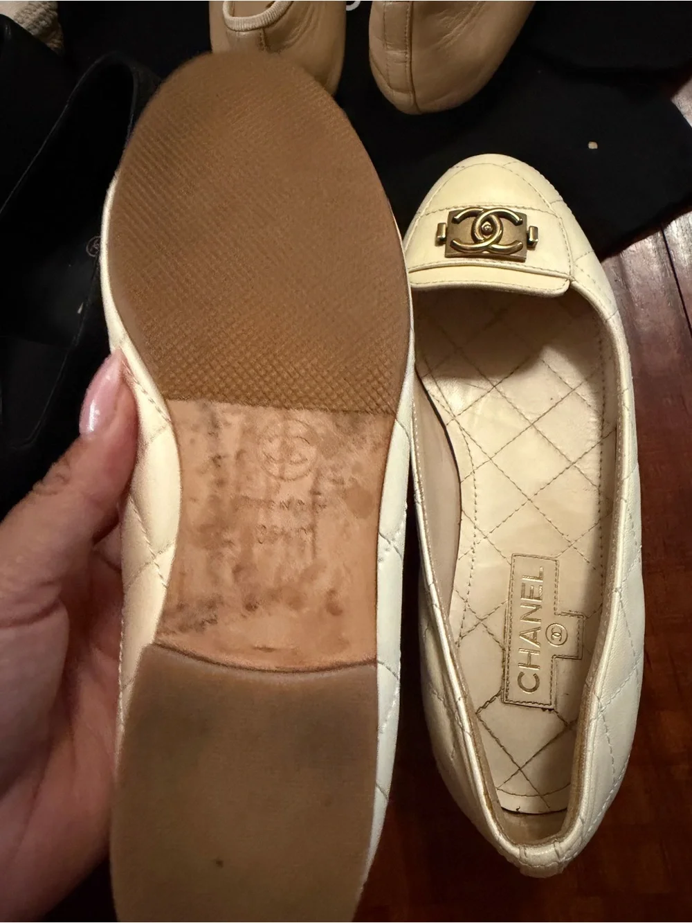 CHANEL Cream Quilted Leather Loafers with Gold CC Hardware